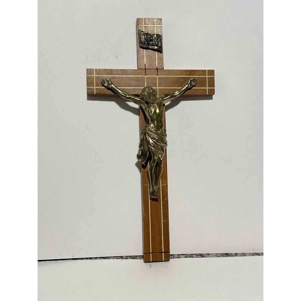 Vintage Wooden Wall Crucifix, Brass Christ, Catholic Cross 14” X 7.5
